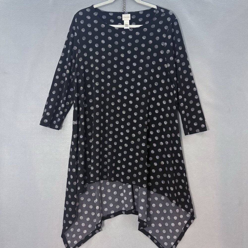 CHICO'S SZ 1(Med-Large)Pullover Tunic Top 3/4‎ Sleeve Black White Polk Dot Artsy